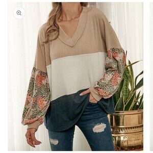 Hailey & Co Women’s Waffle Knit Top With Animal-printed Large Long Sleeve V Neck